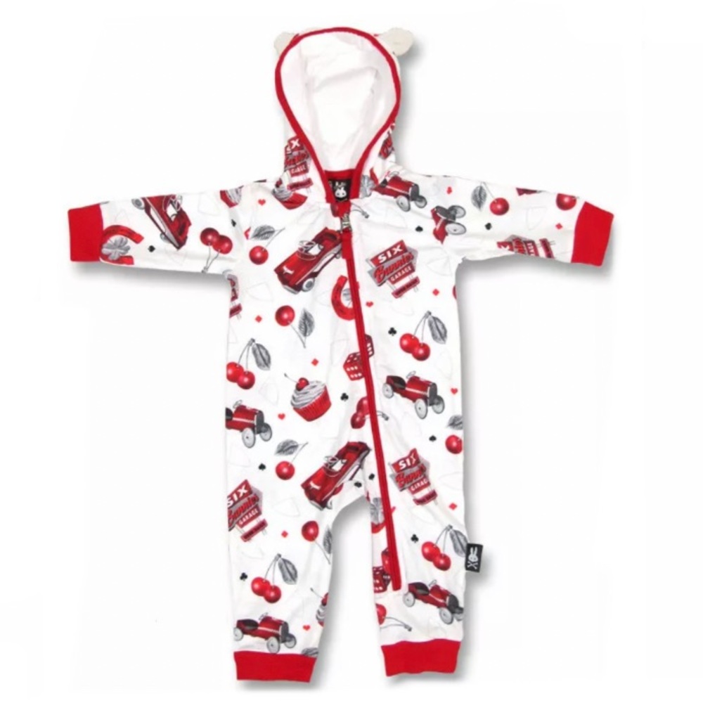 Cherry Hotrod Long Sleeve Hooded One Piece Romper Cars Cupcakes Rockabilly 3-6m
